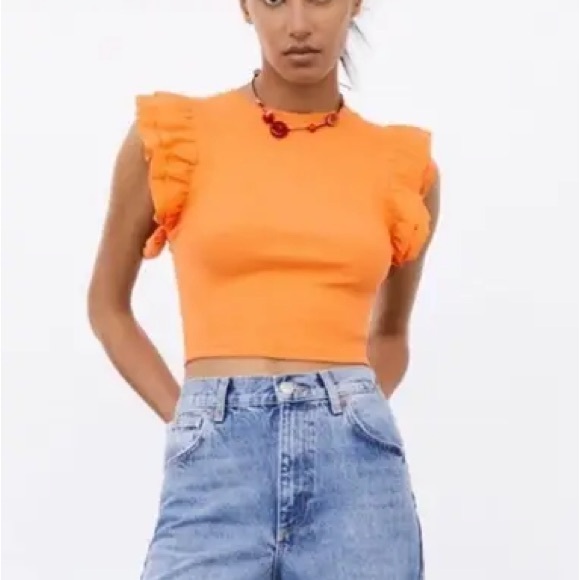 Zara Orange Ruffle Sleeve Top - Picture 1 of 4
